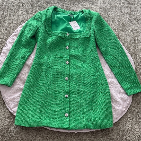 Zara Tweed Boucle squared neck long sleeves Jewel Buttons Green Dress Sz Large - Picture 9 of 15
